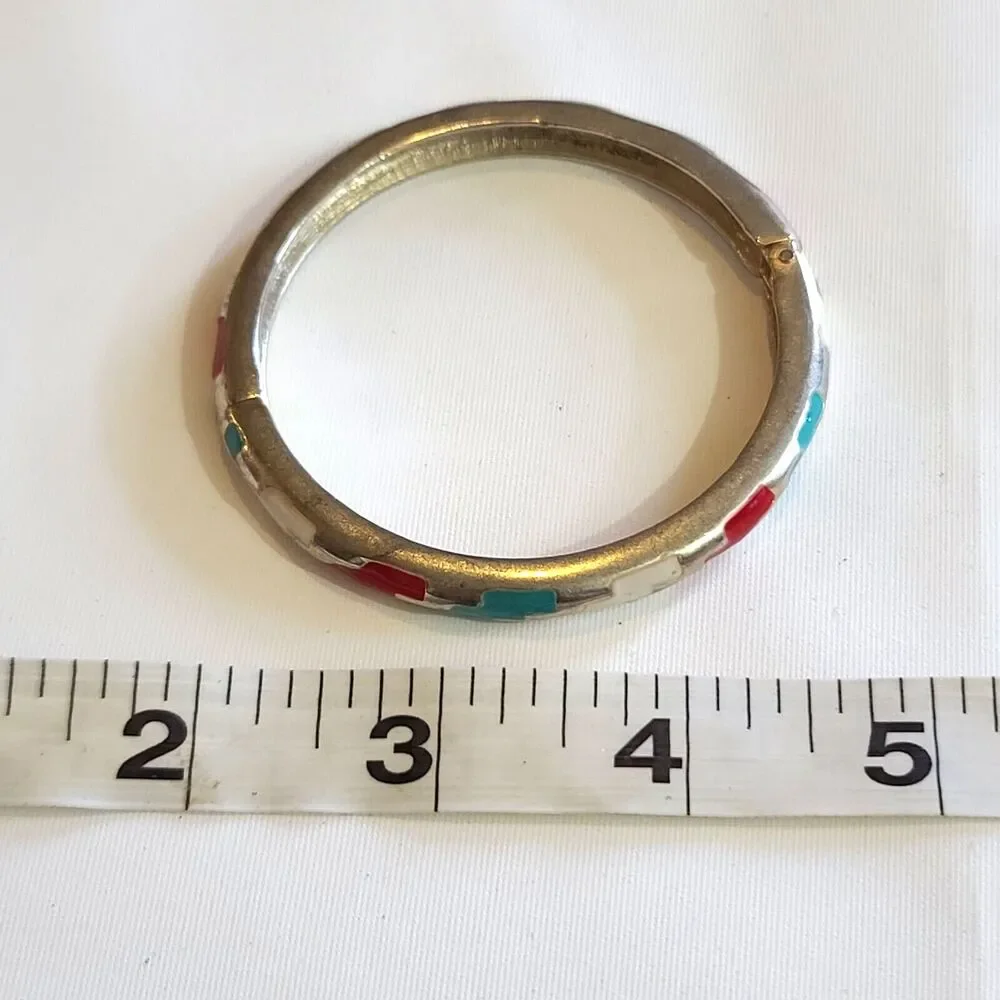 Vintage Silver Tone Hinged Enamel Bracelet Aztec Pattern